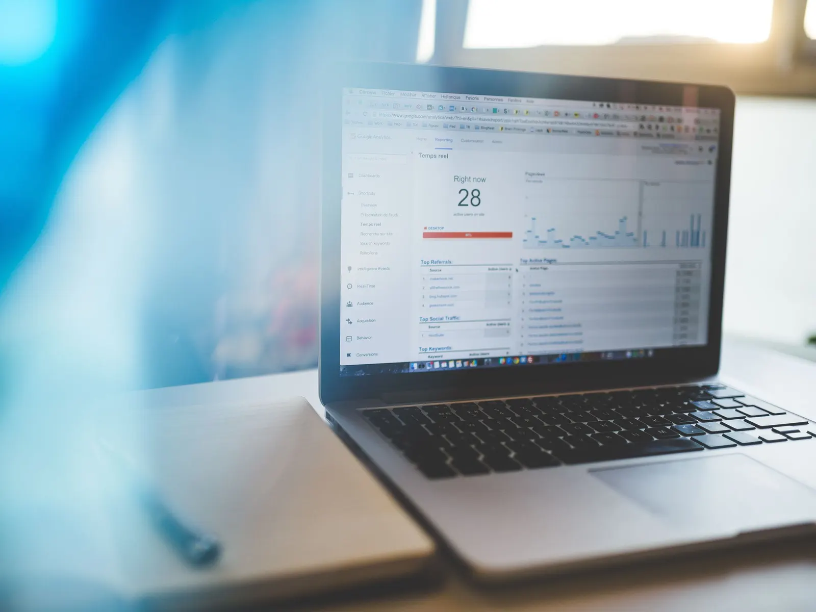 Dashboard de analytics website pe laptop, cu trafic în timp real